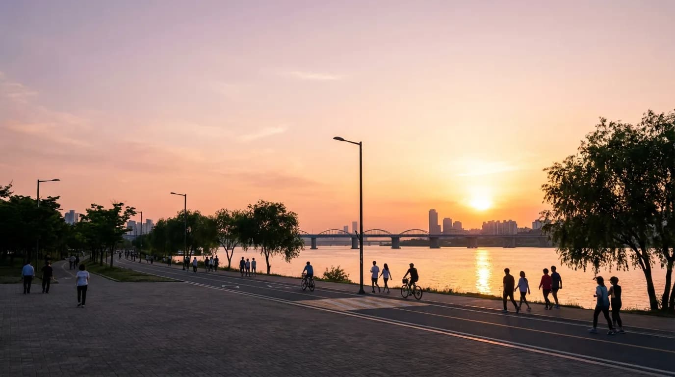 Han River sunset view with people walking along the riverside path in Seoul