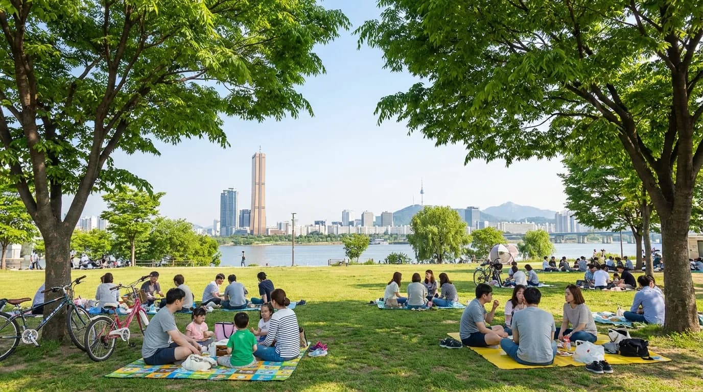 Yeouido Hangang Park picnic spot with Seoul skyline and an easy riverside starting view