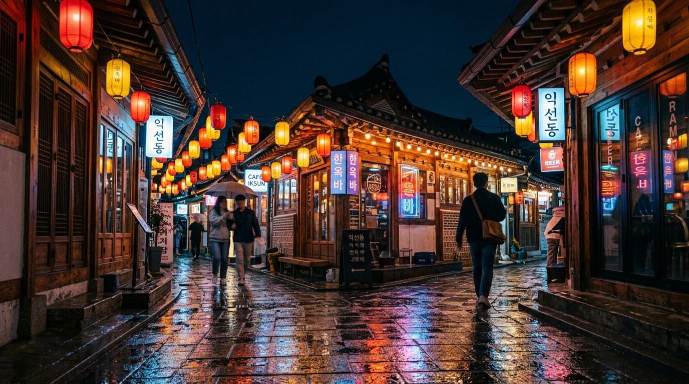 따뜻한 조명이 좁은 익선동 골목을 채우는 서울 밤 골목 무드