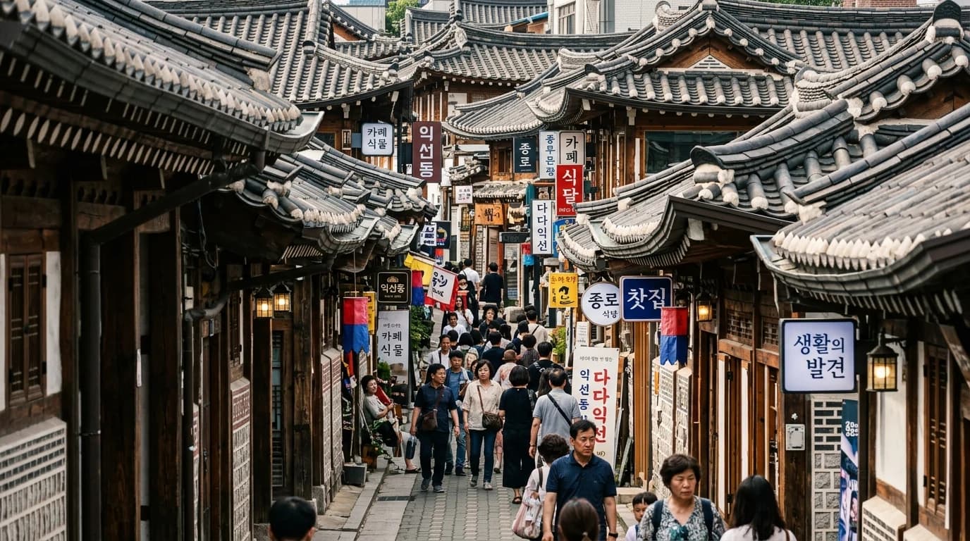 촘촘한 한옥 지붕선과 좁은 골목이 겹치는 익선동의 압축된 전통 질감