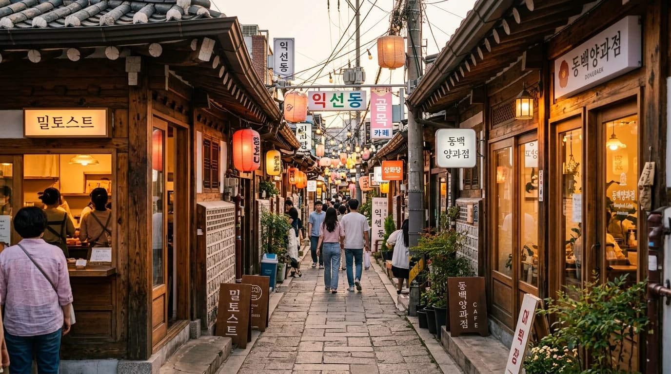 Entrance view from the Jongno 3-ga side leading into the first Ikseon-dong hanok alley