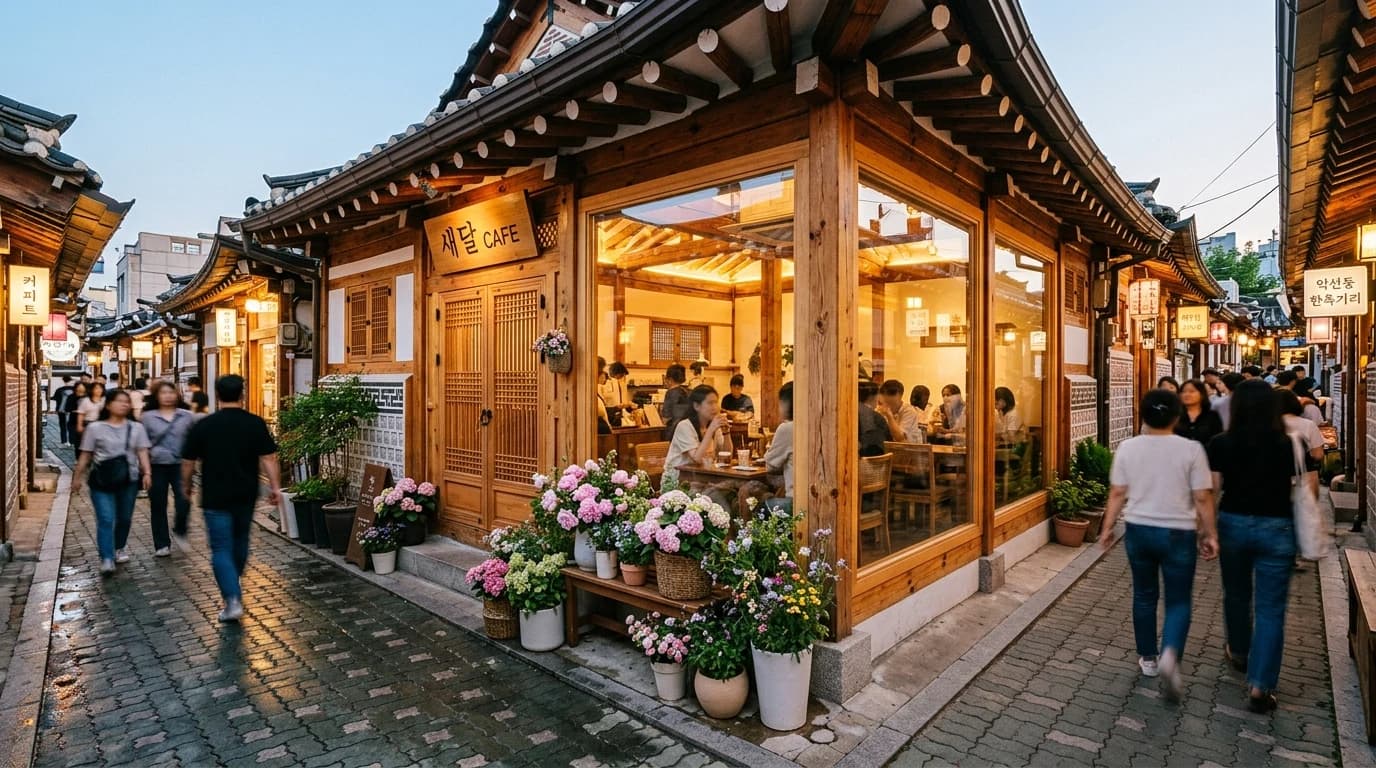 한옥 외벽과 카페 입면이 함께 보이는 익선동 골목의 생활형 카페 풍경