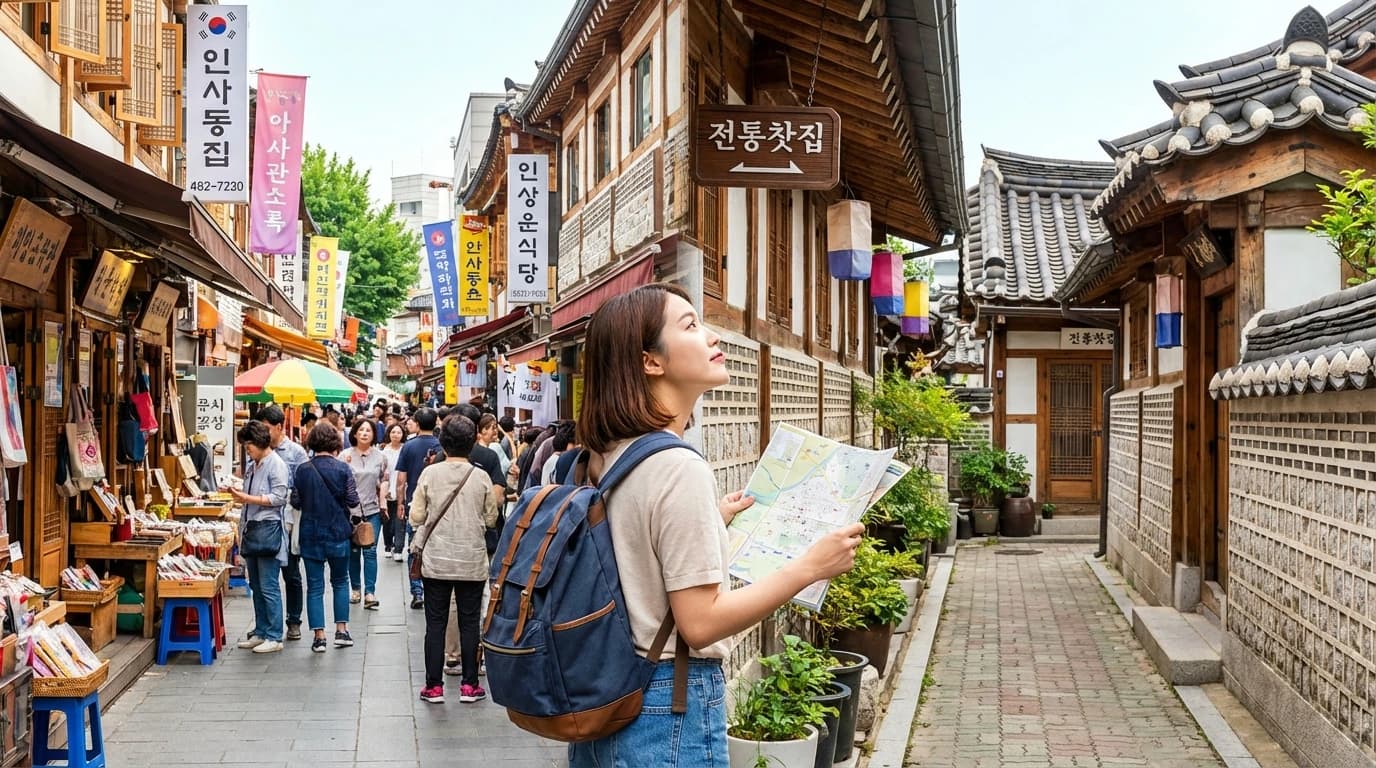 Afternoon light revealing layered storefront texture during the best time for Insadong photography