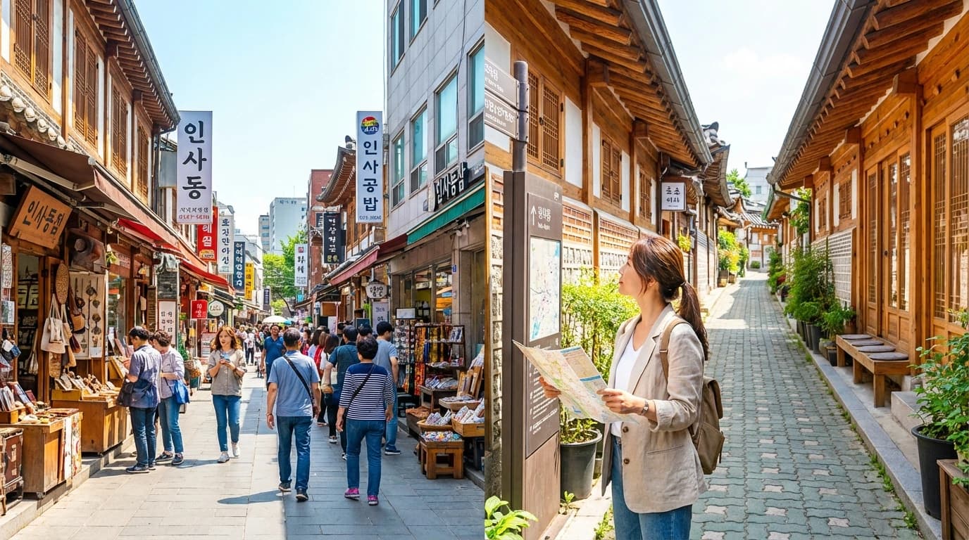 오후 햇살이 내려앉은 인사동 거리 질감이 잘 보이는 사진 찍기 좋은 시간대