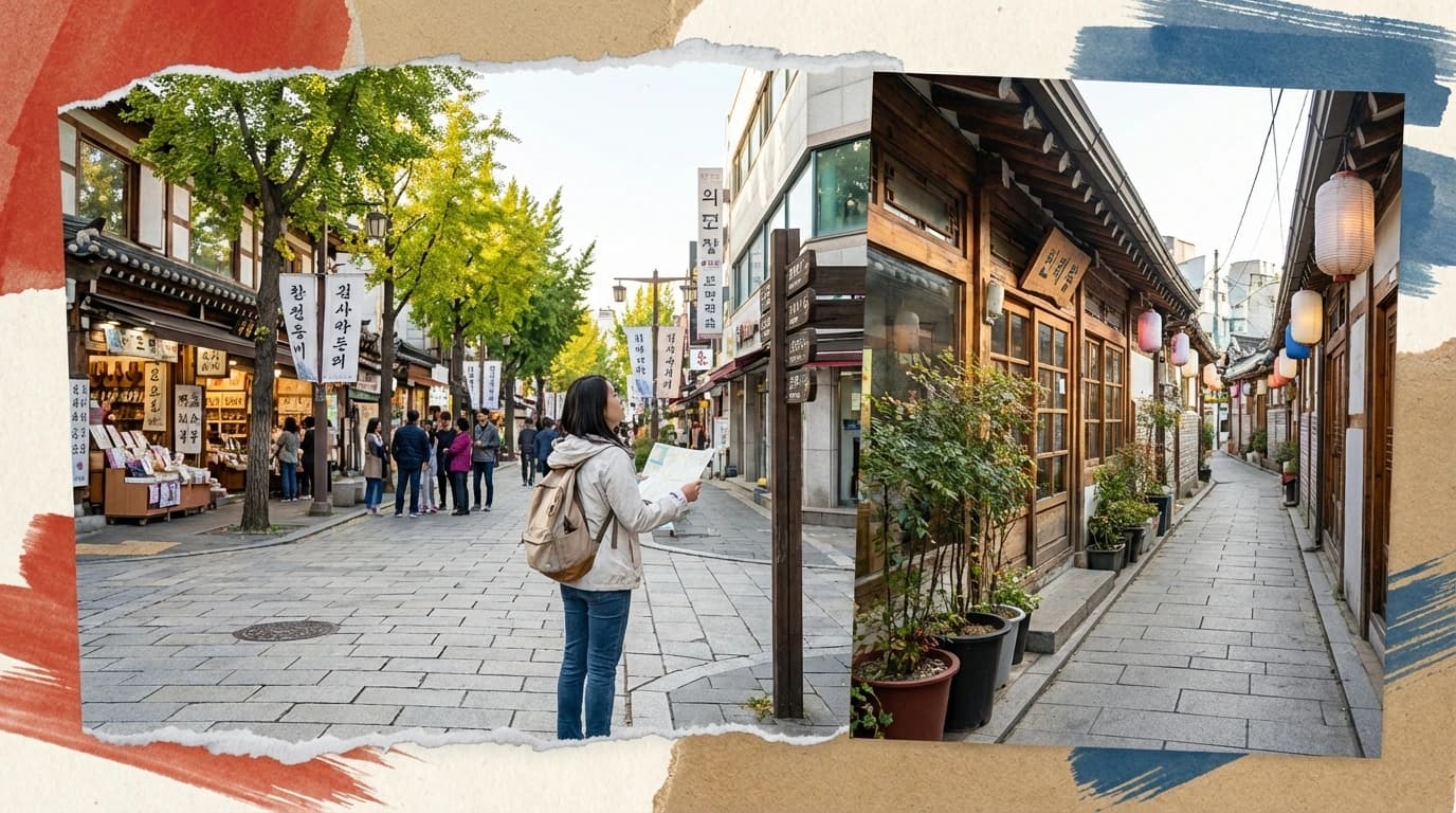 A walking route linking Insadong's main street and side alleys for a traditional Seoul stroll