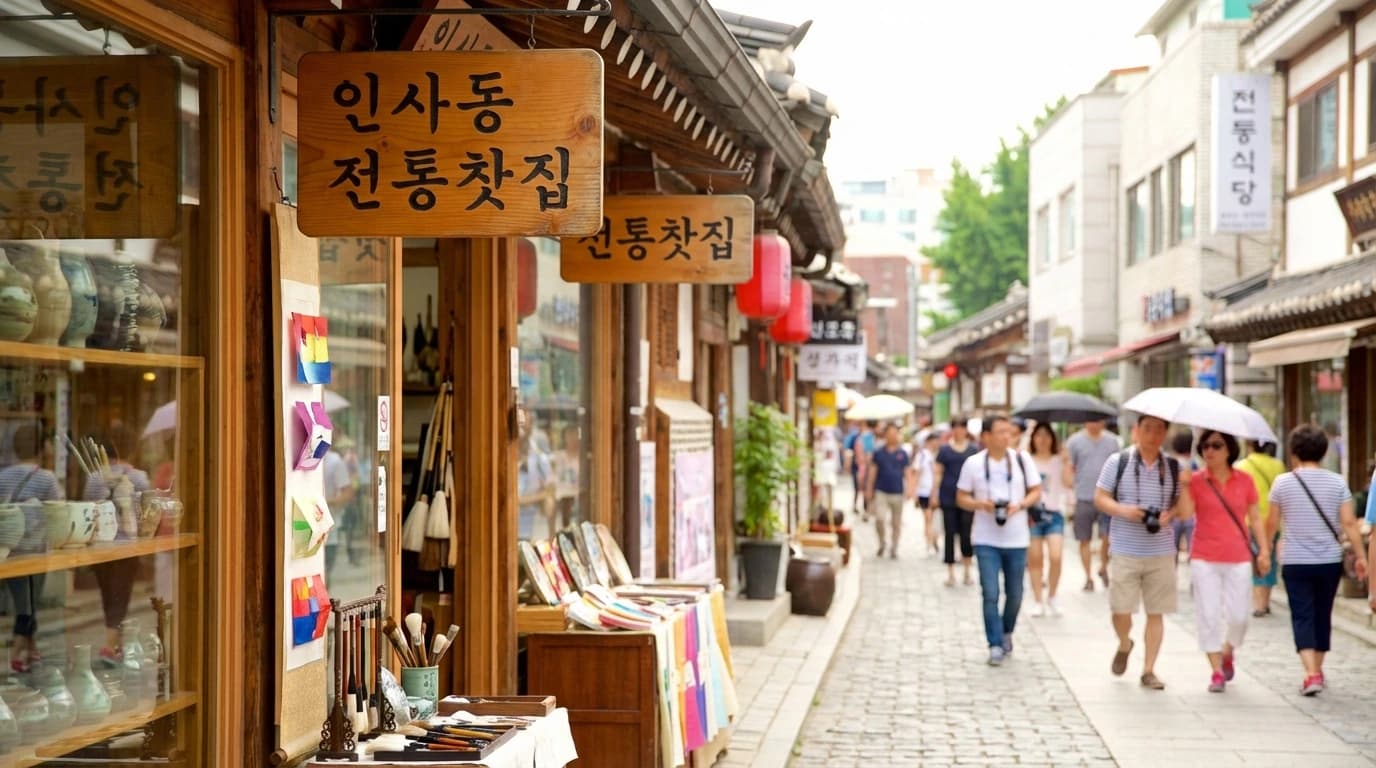 Traditional shop signs and storefronts along Insadong's main street in a classic Insadong photo spot