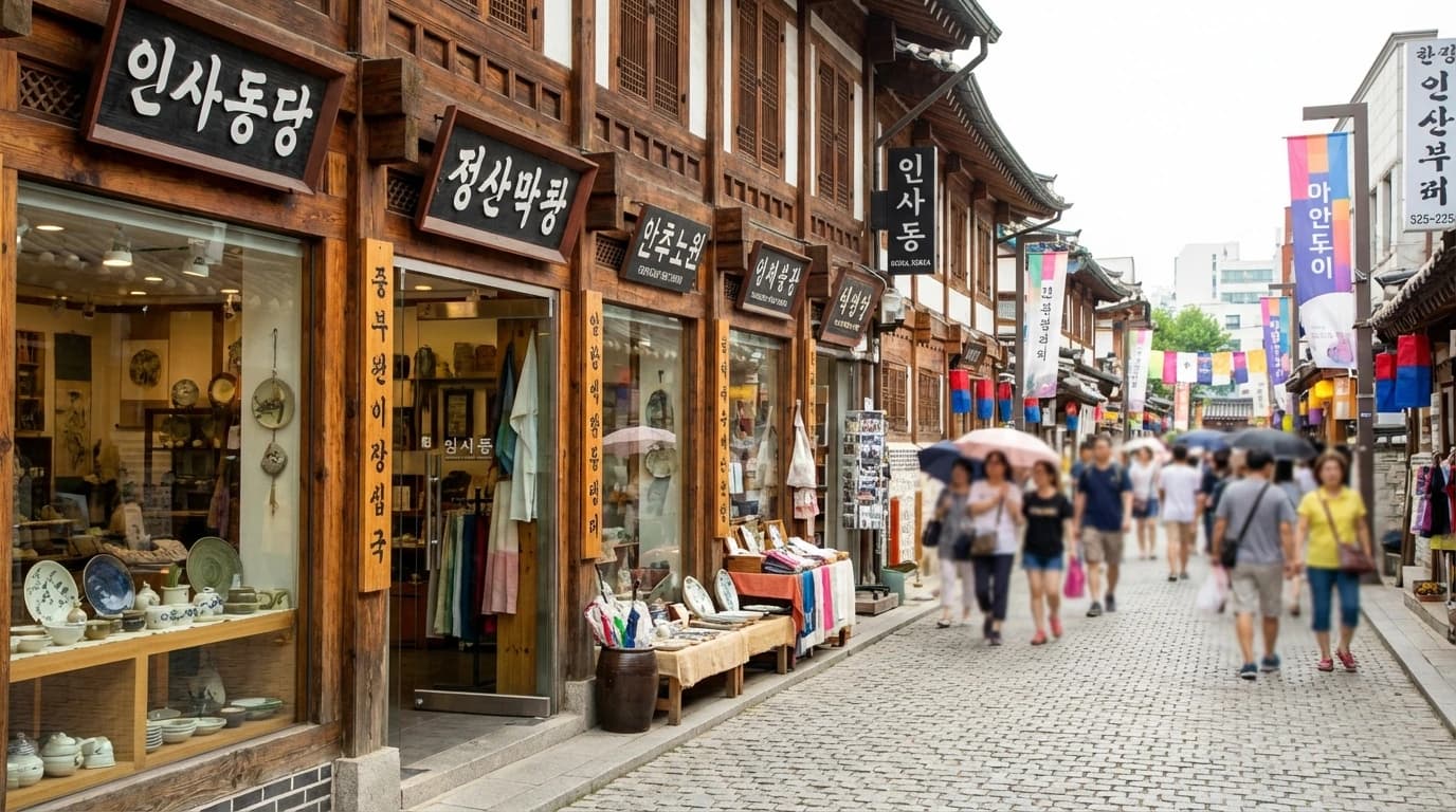 서울 인사동 메인 거리의 전통 간판과 상점가 전경이 보이는 인사동 사진 명소