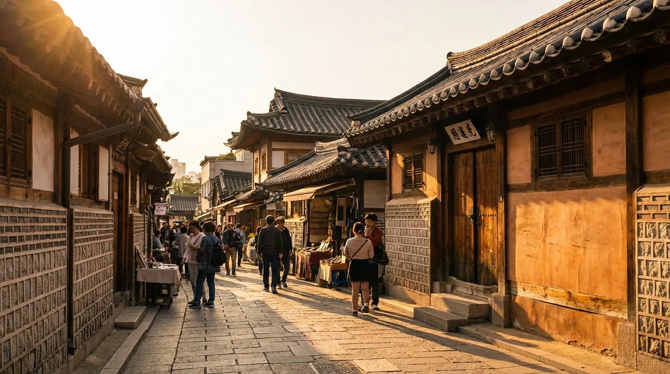 목재 외관과 공예 진열장이 이어진 인사동 전통 찻집 거리 풍경