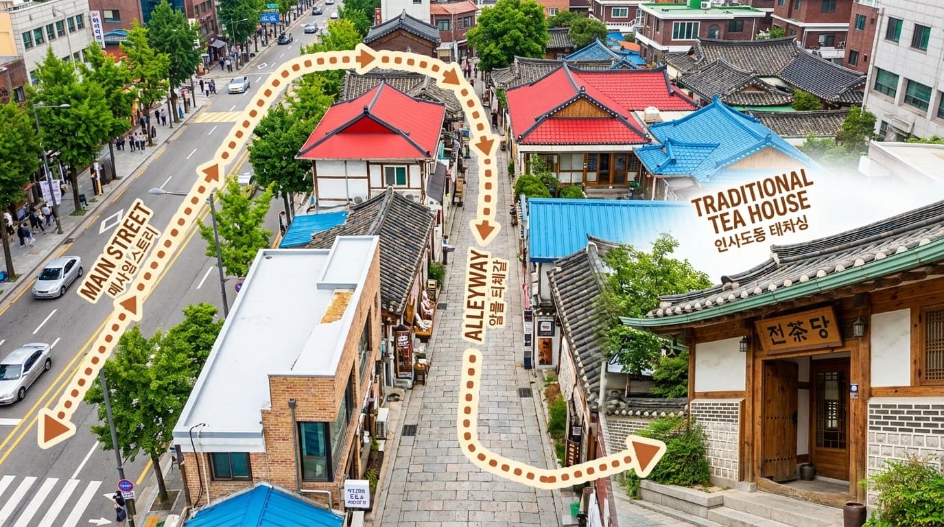 메인 거리와 찻집 골목을 잇는 인사동 여행 팁용 산책 동선 가이드