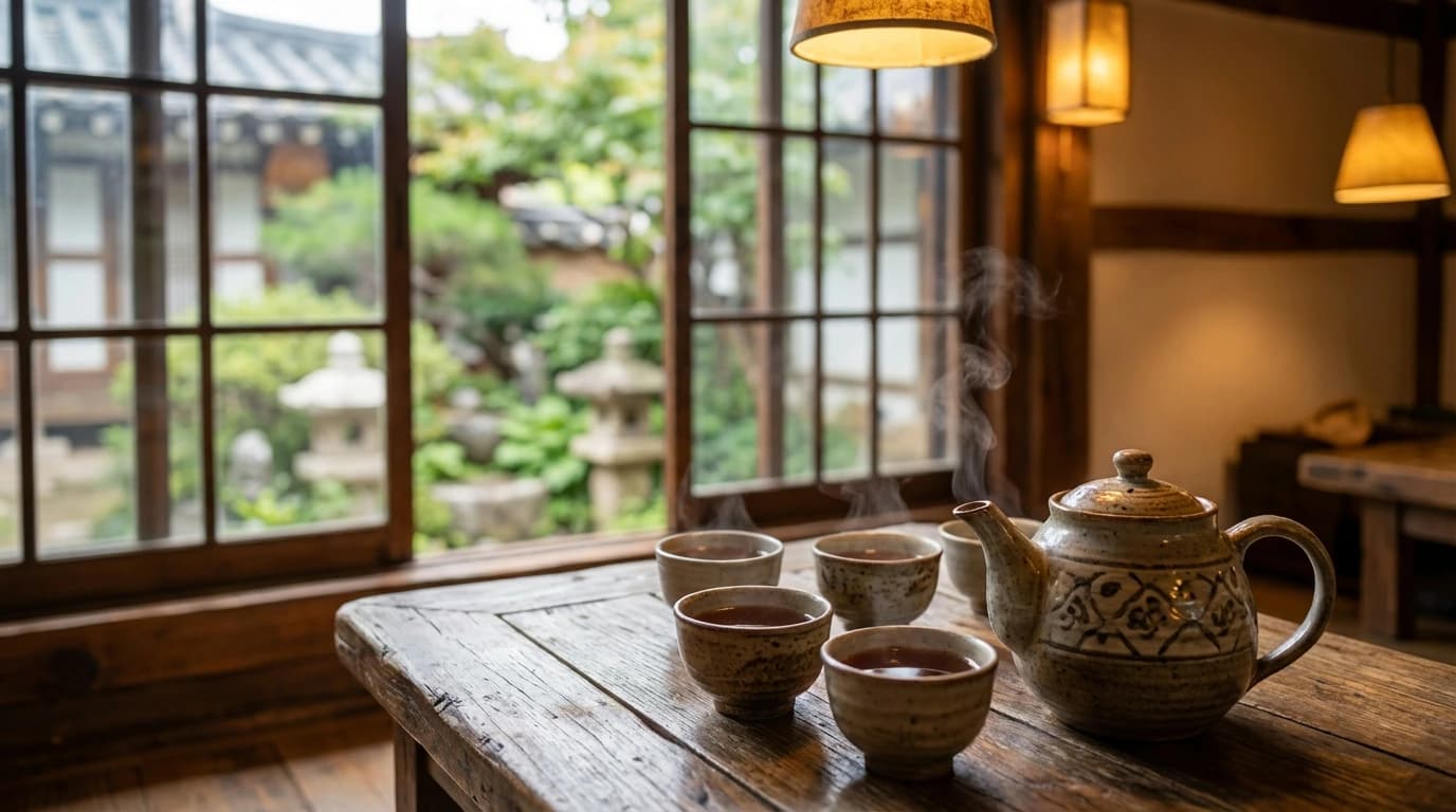 A warm cup of tea and ceramic tea set arranged inside an Insadong traditional tea house