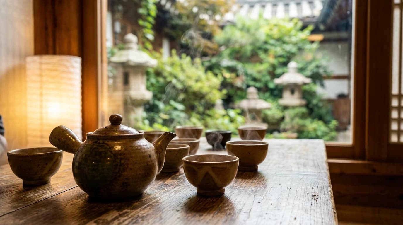 따뜻한 차 한 잔과 도자기 찻잔 세트가 놓인 인사동 전통 차 체험 공간