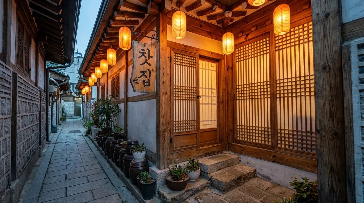 A traditional tea-house exterior tucked inside an Insadong side alley with warm lighting and calm street texture