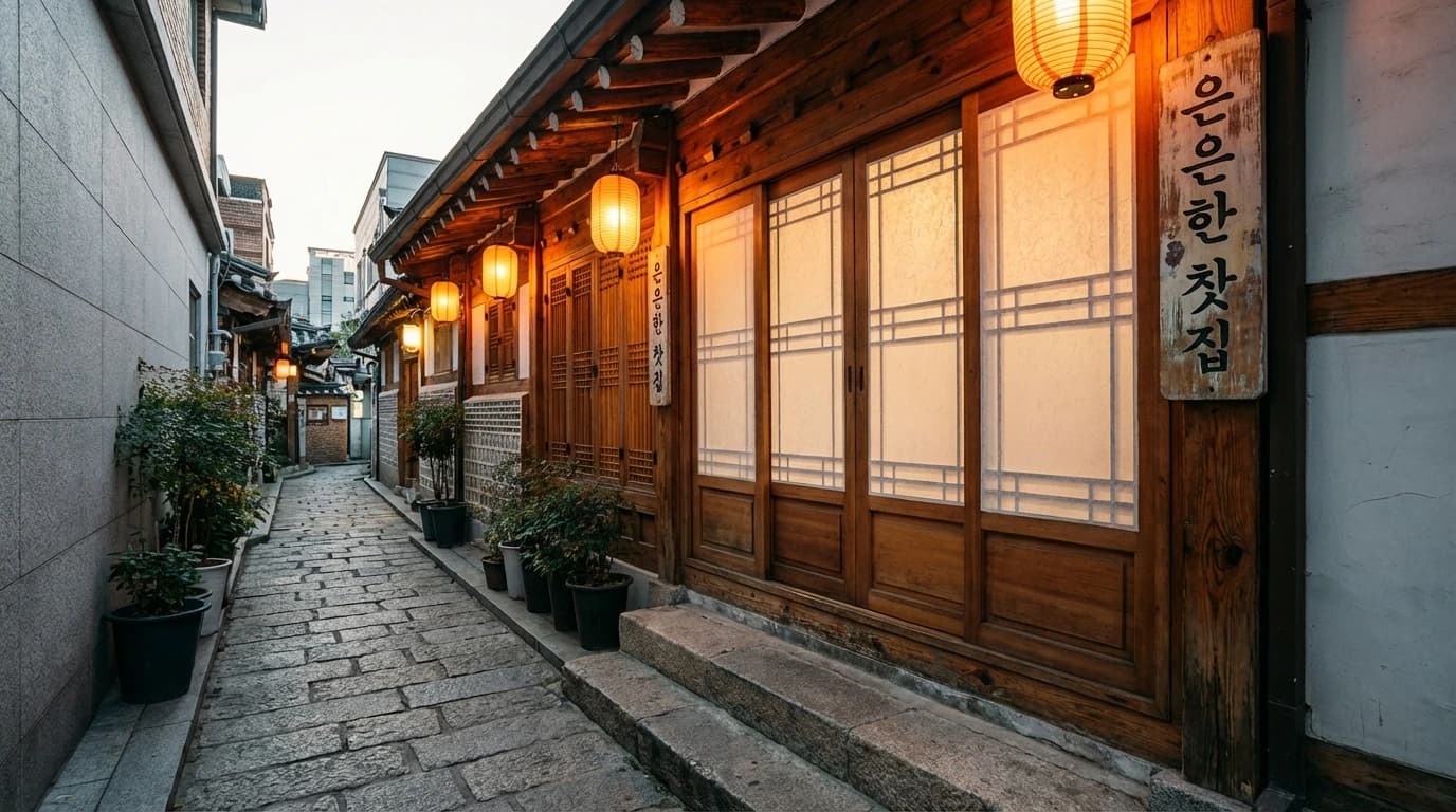 인사동 좁은 골목 안쪽의 고즈넉한 전통 찻집 외관과 조명이 보이는 서울 가볼만한곳 장면