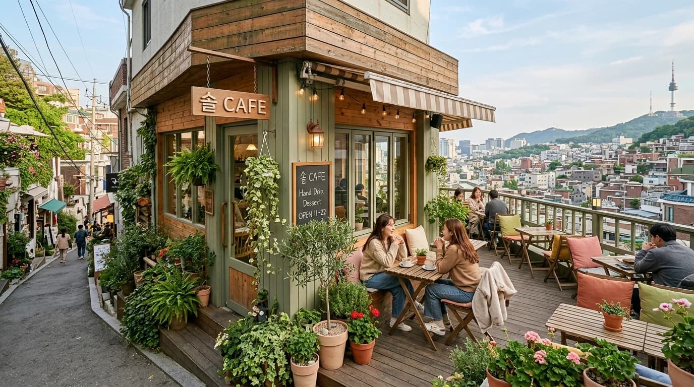Terrace cafe on the Gyeongnidan-gil slope showing a tighter hillside walk rhythm