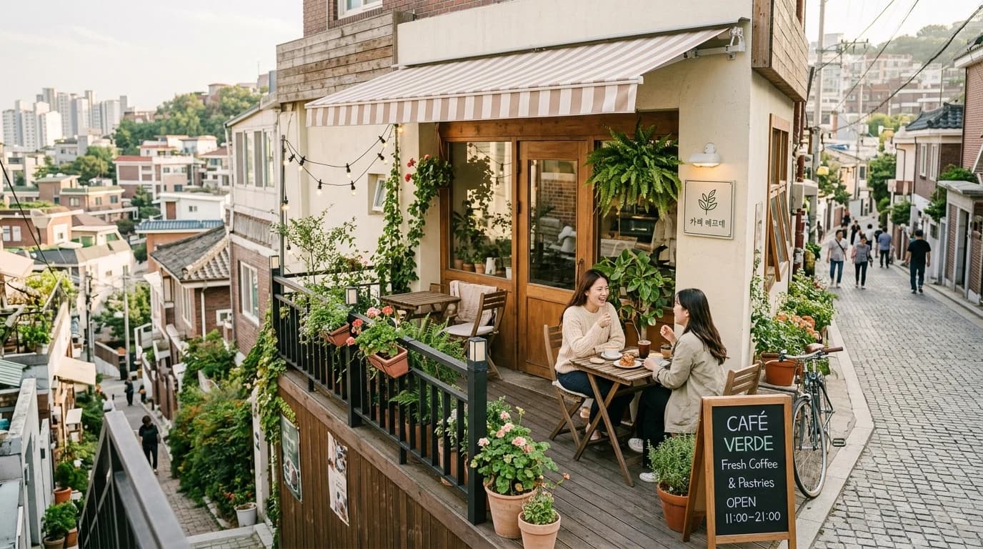 언덕 위 테라스와 카페 입면이 이어지는 경리단길의 압축된 카페 리듬