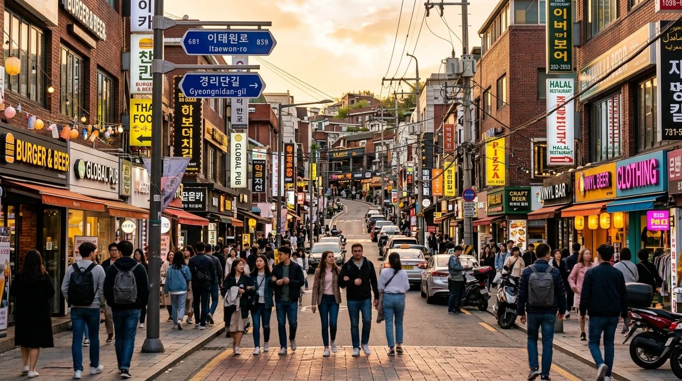 Itaewon main street meeting the Gyeongnidan-gil entrance with layered international signboards