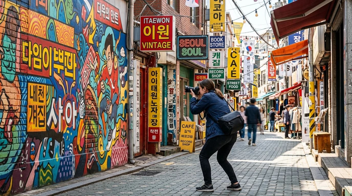 색 간판과 골목 원근감이 겹치는 이태원 스트리트 촬영 포인트