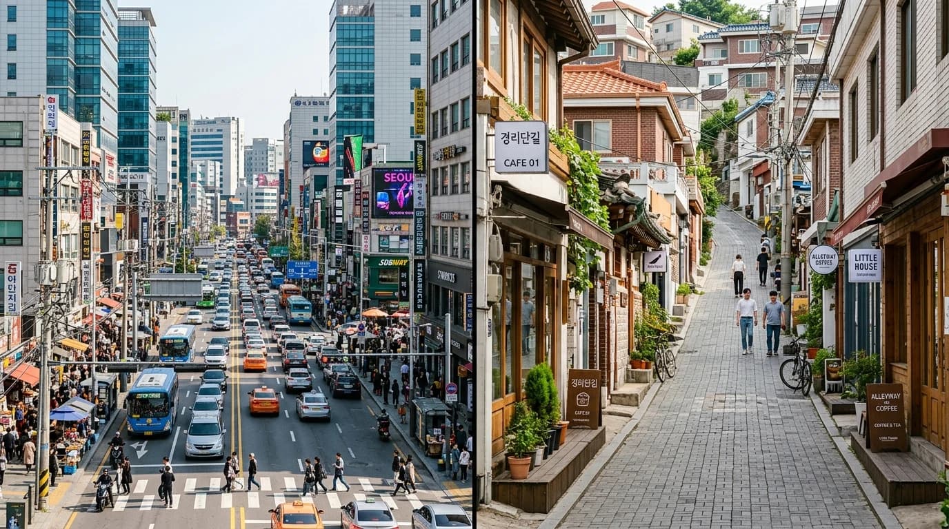 넓은 이태원 대로와 좁은 경리단길 골목 리듬이 대비되는 서울 거리 대비