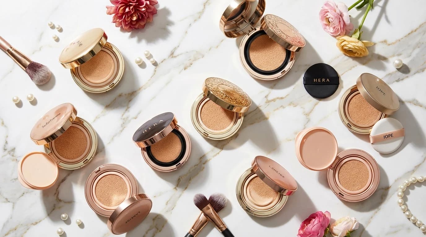 Finished cushion foundation look matched to the skin with a clean natural finish