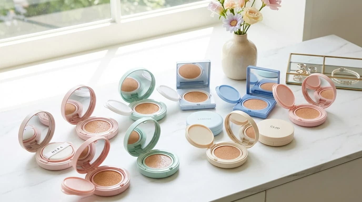 K-beauty cushion compacts arranged on a vanity for comparing cushions by skin type
