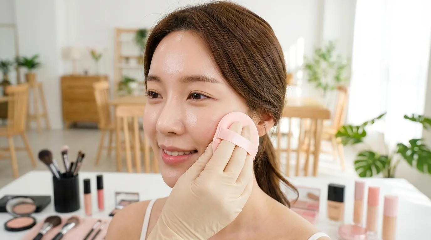 Korean cushion foundation layered in thin taps for a lighter natural-skin finish