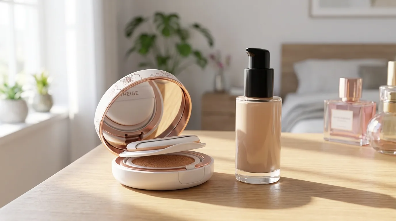 Side-by-side comparison of Korean cushion compact and liquid foundation textures