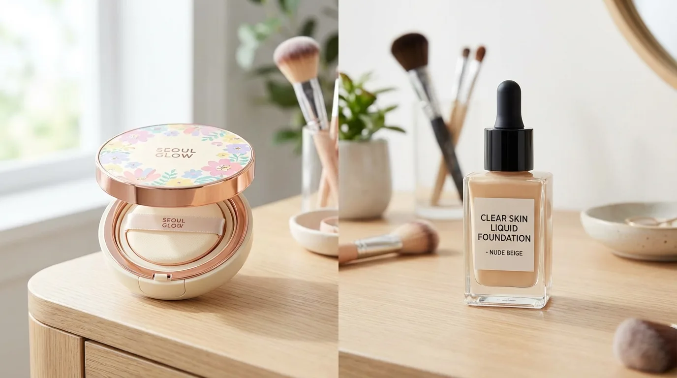 쿠션과 리퀴드 텍스처 차이를 손등 위에서 비교한 베이스 선택 장면