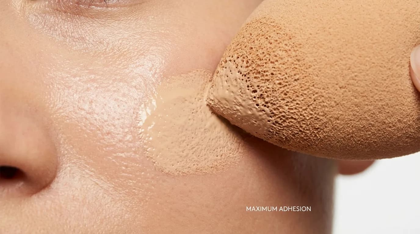 Puff pressing step that helps base makeup settle with better adhesion