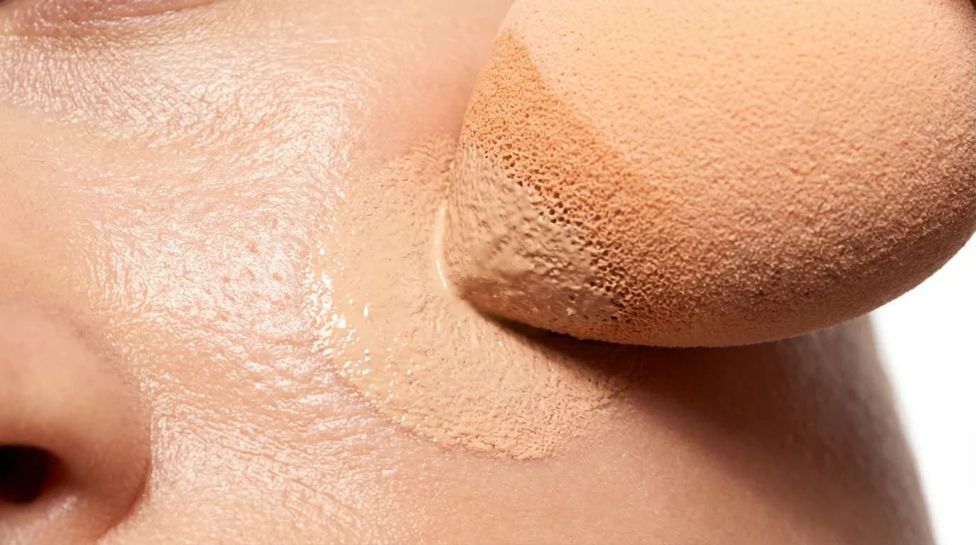 물기 빠진 뒤 스펀지로 파운데이션을 눌러 밀착시키는 압착 단계