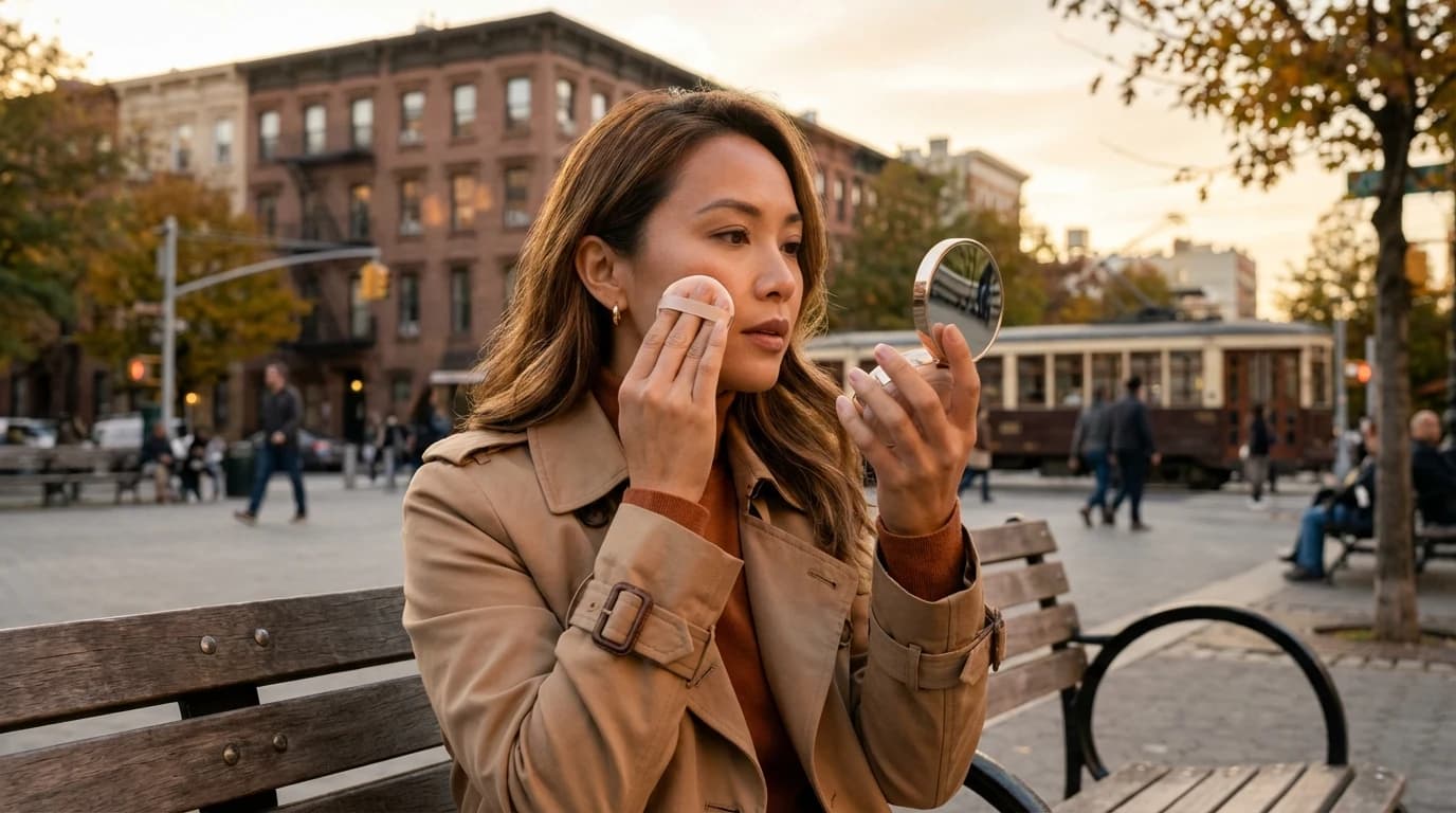 Touch-up makeup with cushion foundation keeping the finish light and even