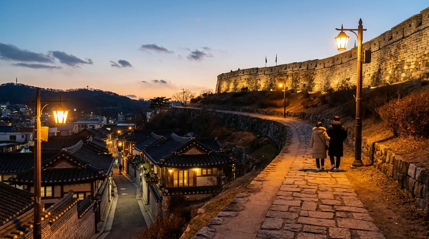 Night walking transition from Hyehwa alleys up toward the quieter Naksan wall path