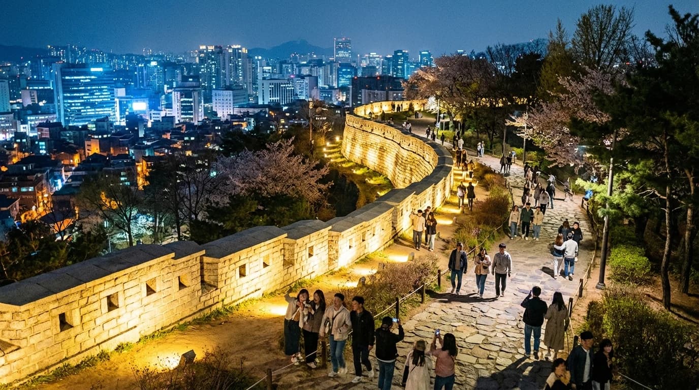 Beginner-friendly Naksan night trail route following the fortress wall above Seoul