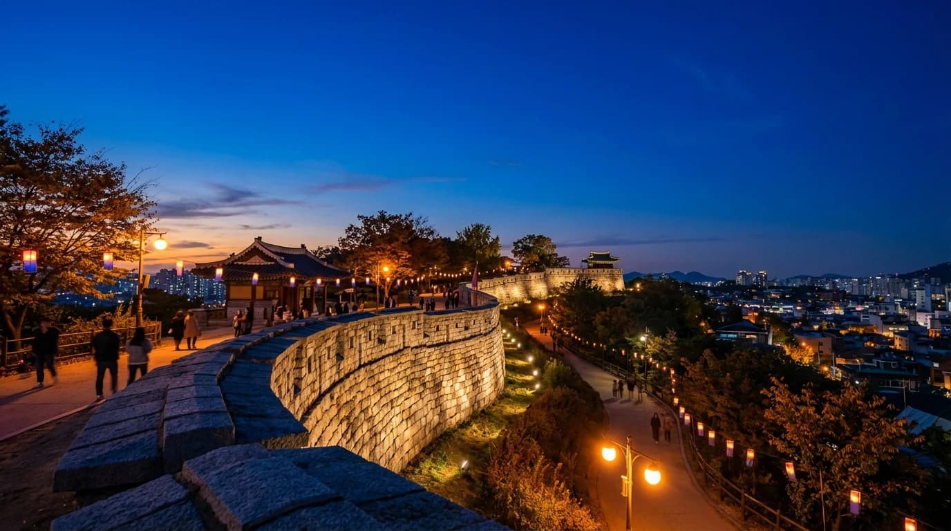 Night entrance to the Naksan wall path from the Hyehwa side of Seoul