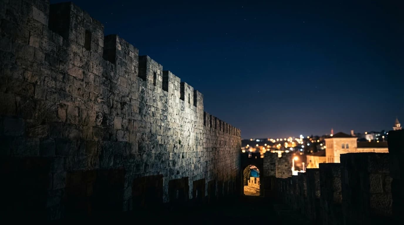 거친 성벽 질감 뒤로 도심 불빛이 겹치는 낙산공원 서울 성벽 산책 장면