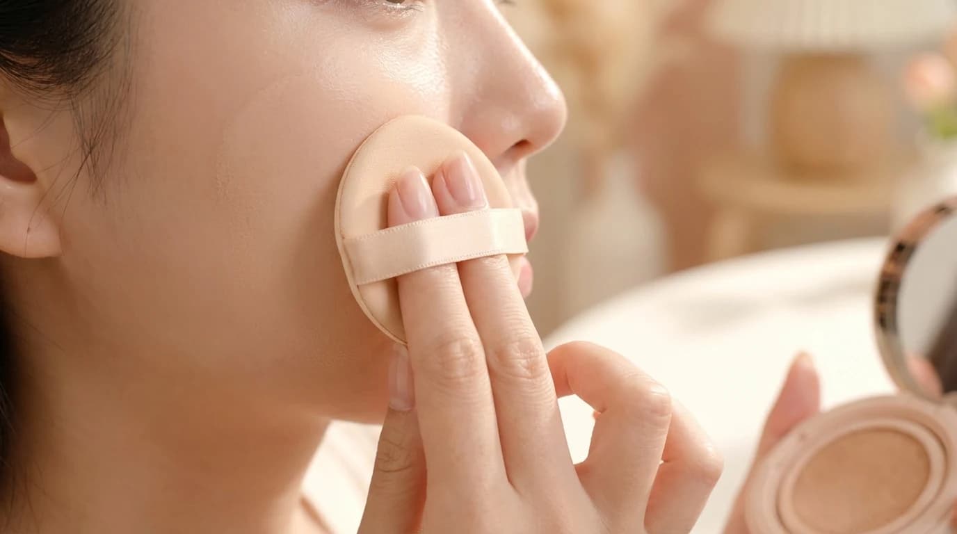 Applying cushion foundation with a puff in thin layers for better wear