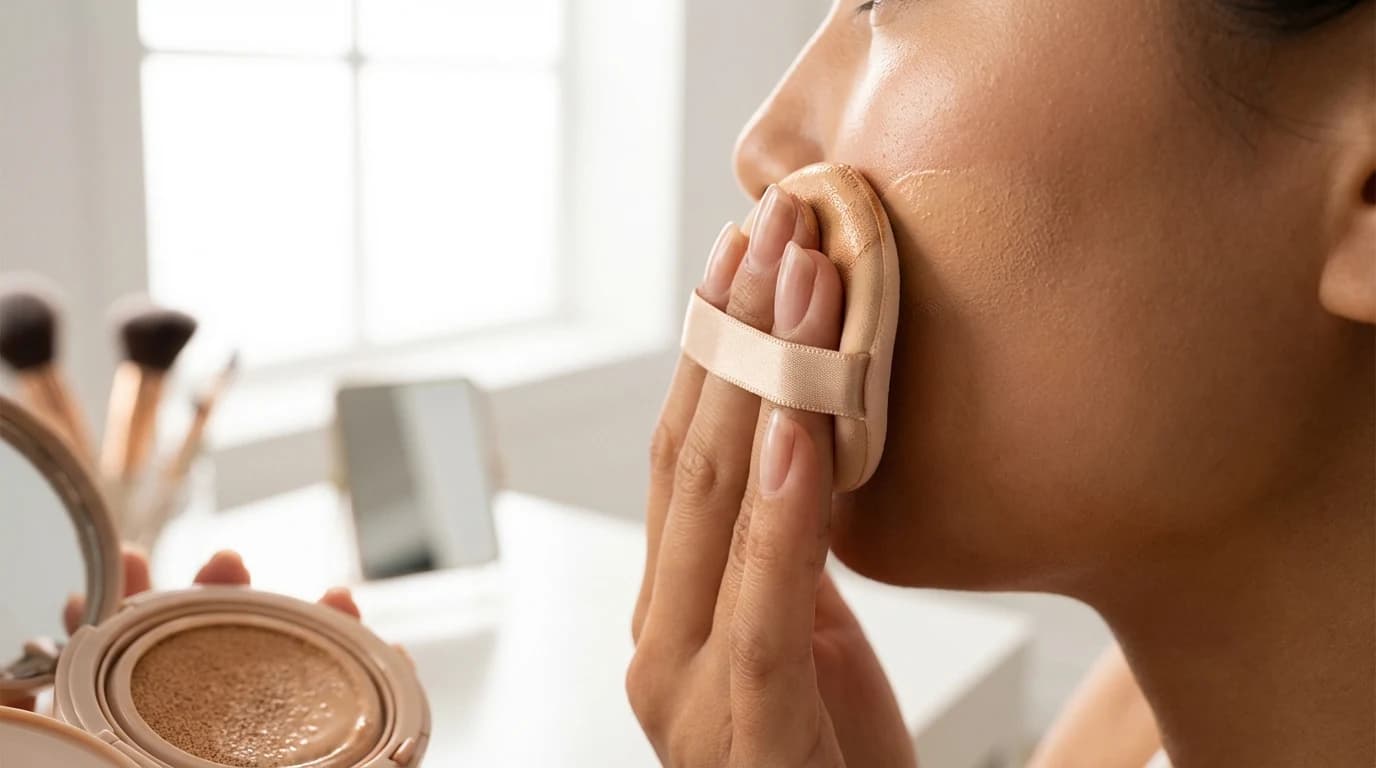 퍼프로 쿠션을 얇게 두드려 밀착시키는 베이스 순서