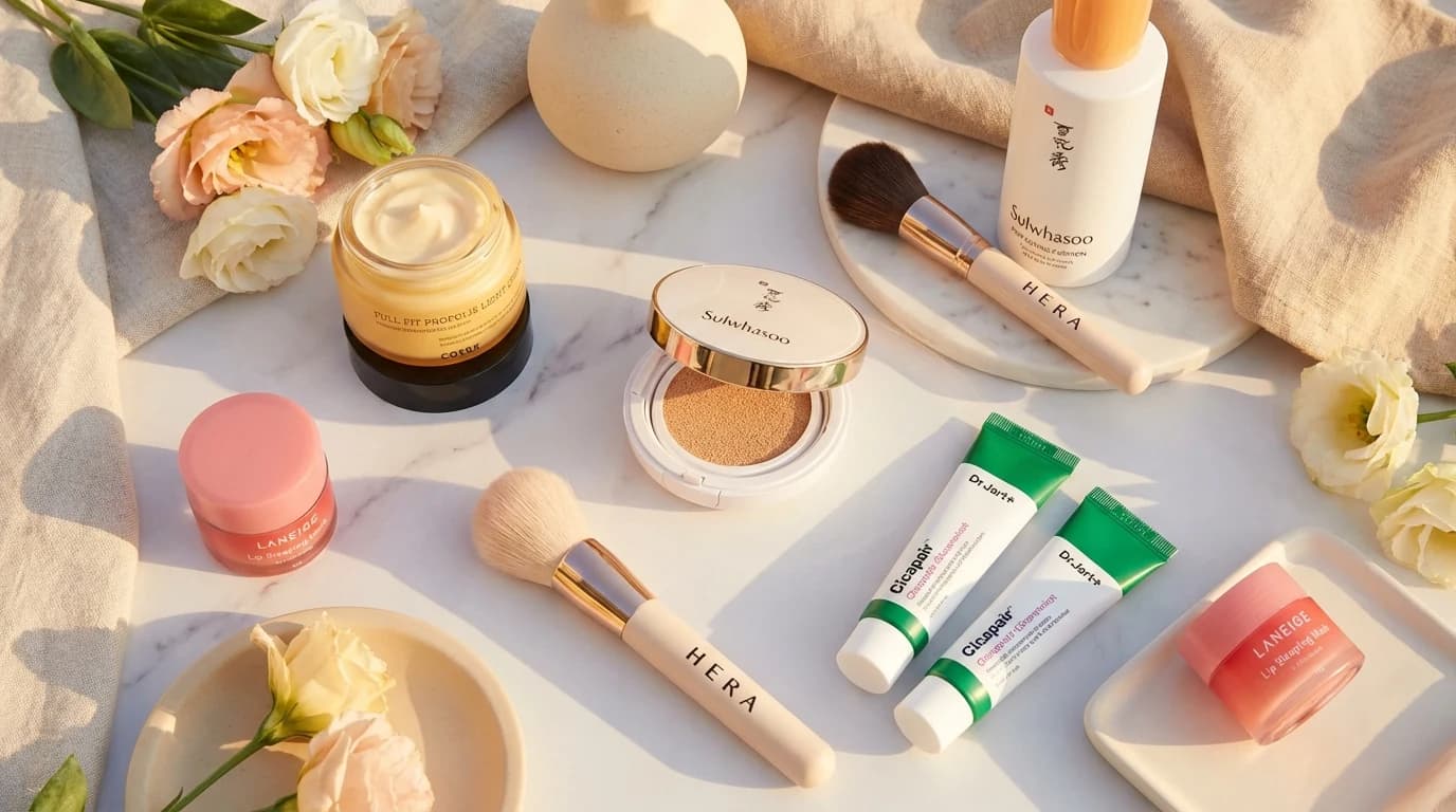 Hydrating skincare products and makeup tools laid out for soft matte skin prep