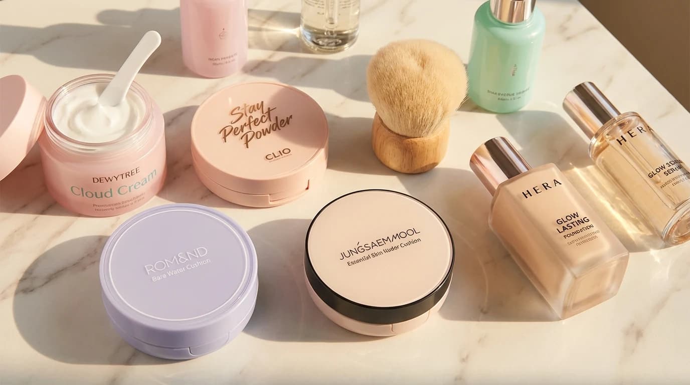 수분감 있는 기초 제품과 브러시를 나란히 둔 보송 피부 준비 장면