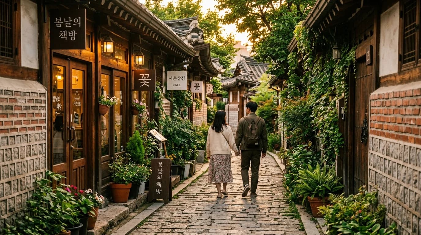 Low walls and small boutique storefronts shaping a softer Seochon alley date walk