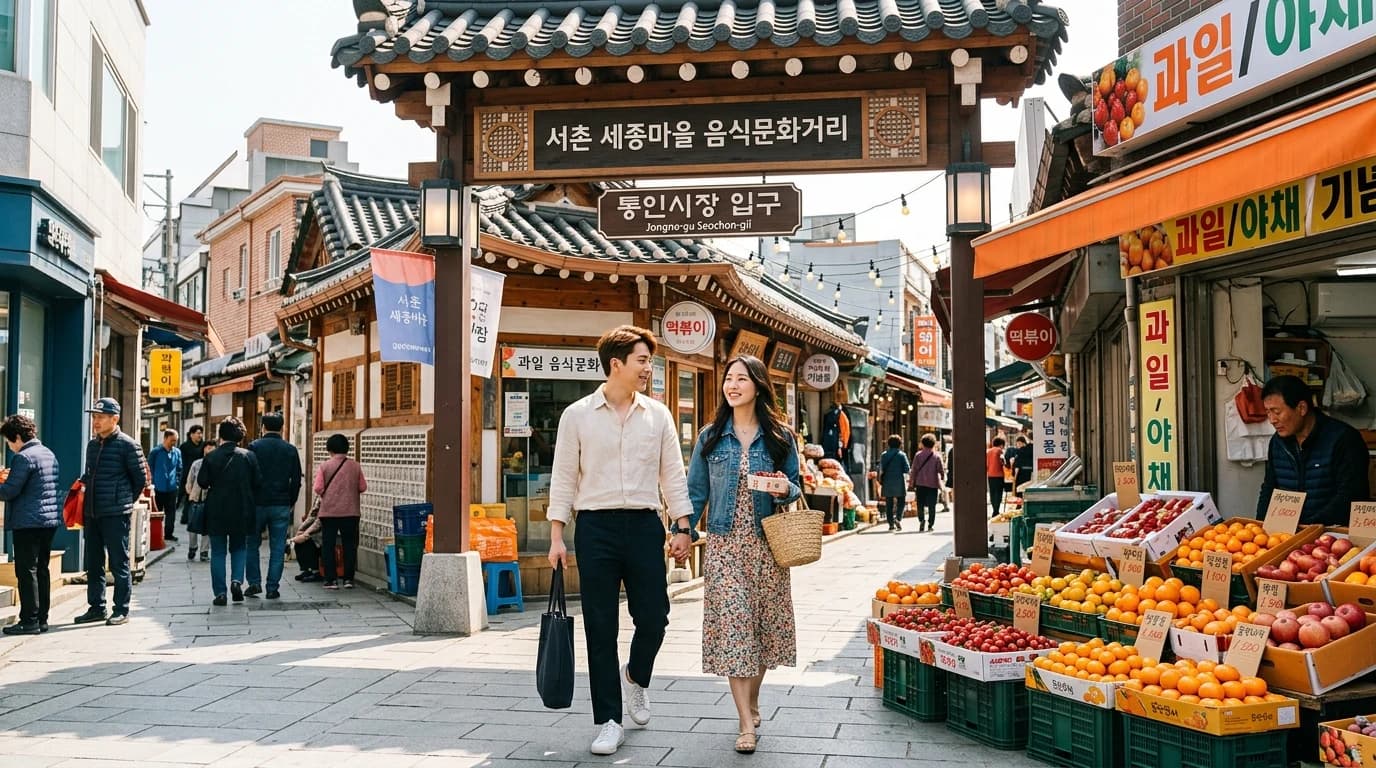 Tongin Market entrance opening into the first Seochon street section for an easy date walk