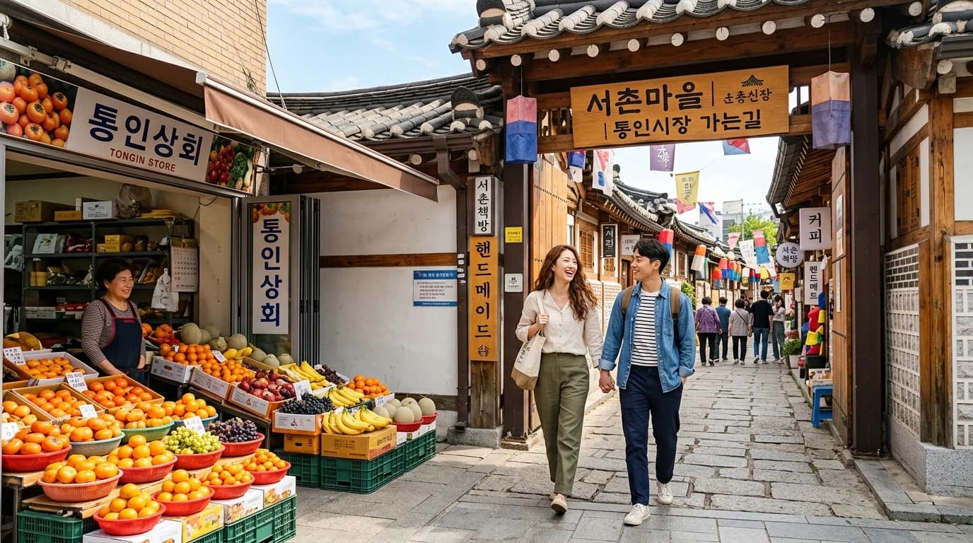 통인시장 입구와 서촌 골목 초입이 이어지는 데이트 코스 시작 장면