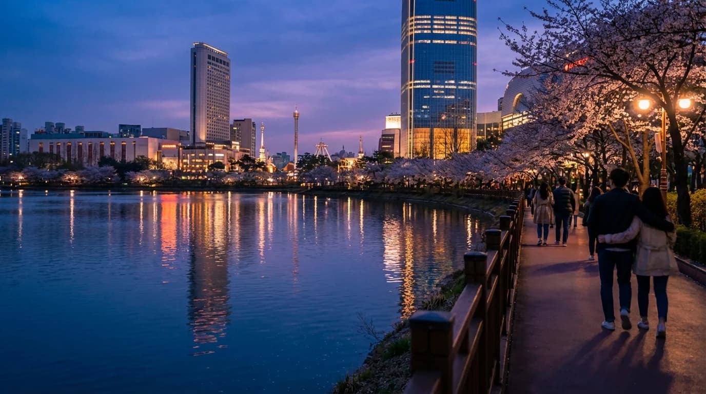 Twilight view at Seokchon Lake with softer city light for a calmer Jamsil date walk