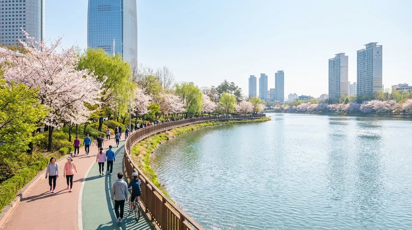 Open Seokchon Lake walking section in Jamsil with people moving along the trail