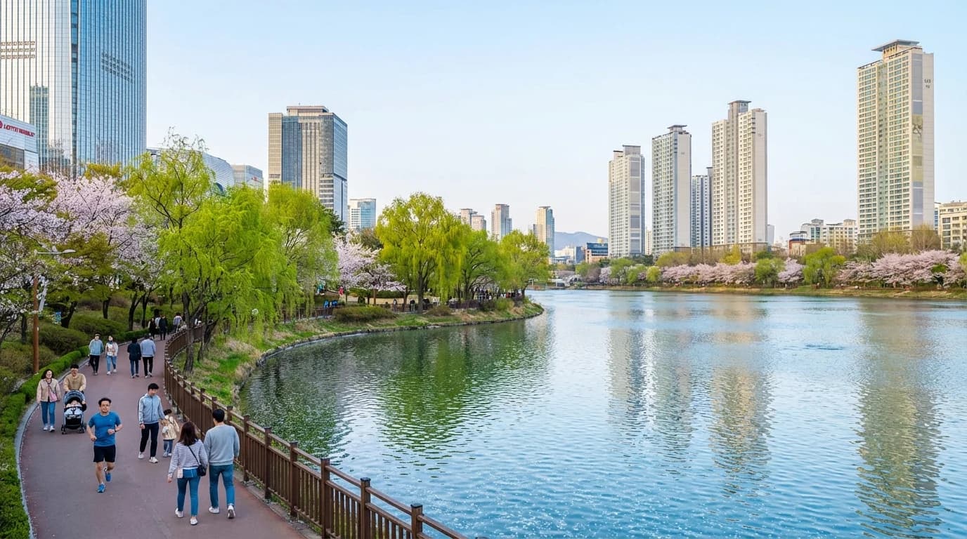 호수 둘레가 넓게 열리는 석촌호수 잠실 산책 시작 구간