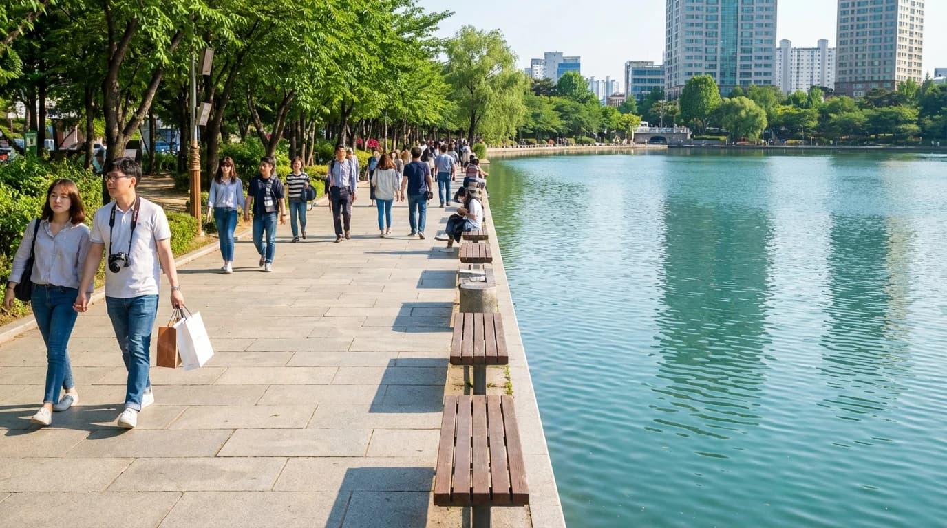 수면 여백과 보행로 선이 함께 잡히는 석촌호수 산책 사진 구도