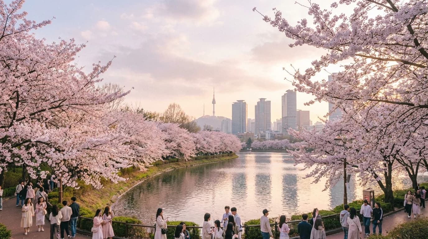 벚꽃이 호수 둘레를 감싸는 석촌호수 봄 시즌 사진 포인트
