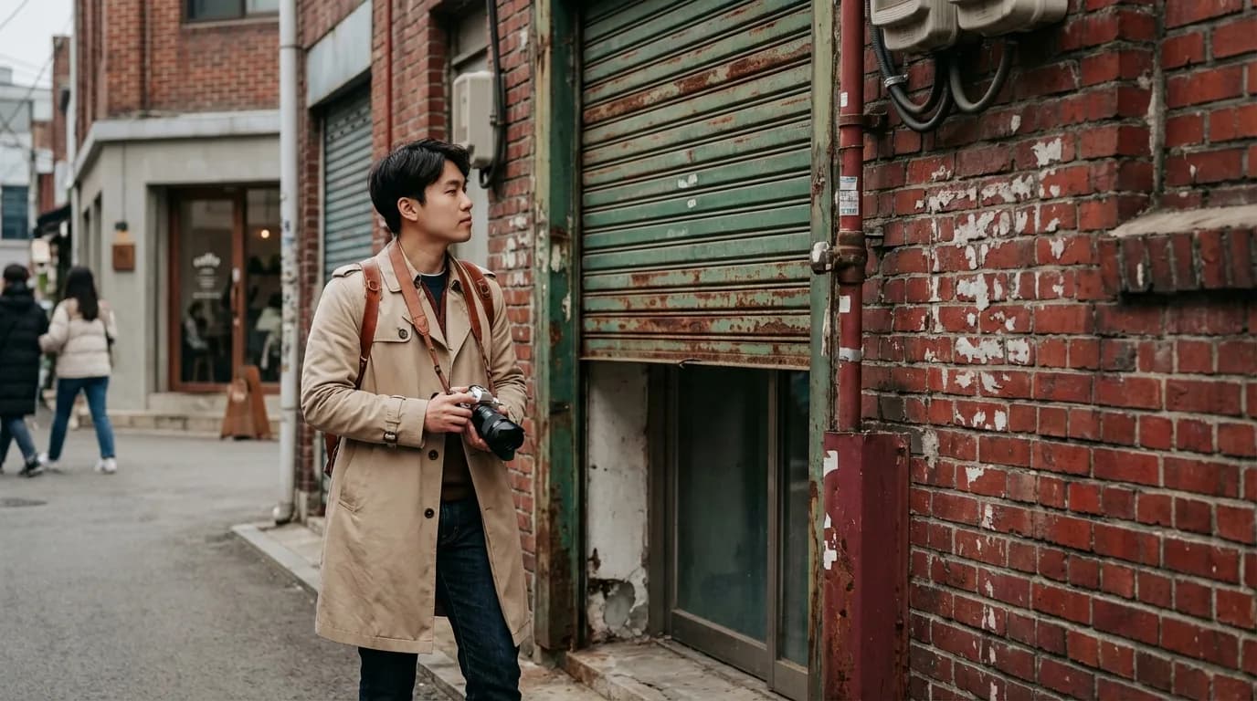 성수동 골목을 산책하며 산업적 질감과 거리 배경을 살피는 장면