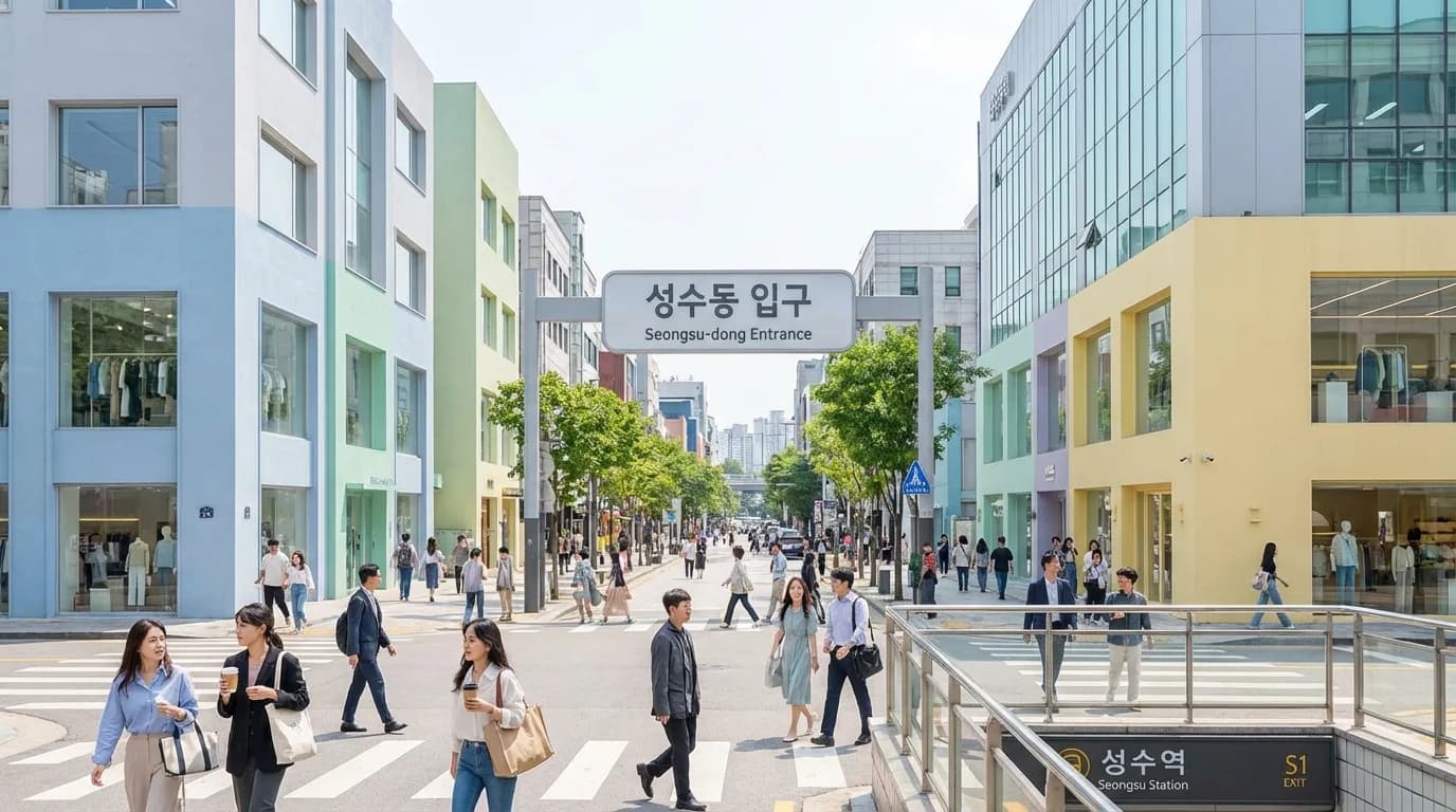 Walking entry into Seongsu-dong near Seongsu Station with the main street flow opening ahead