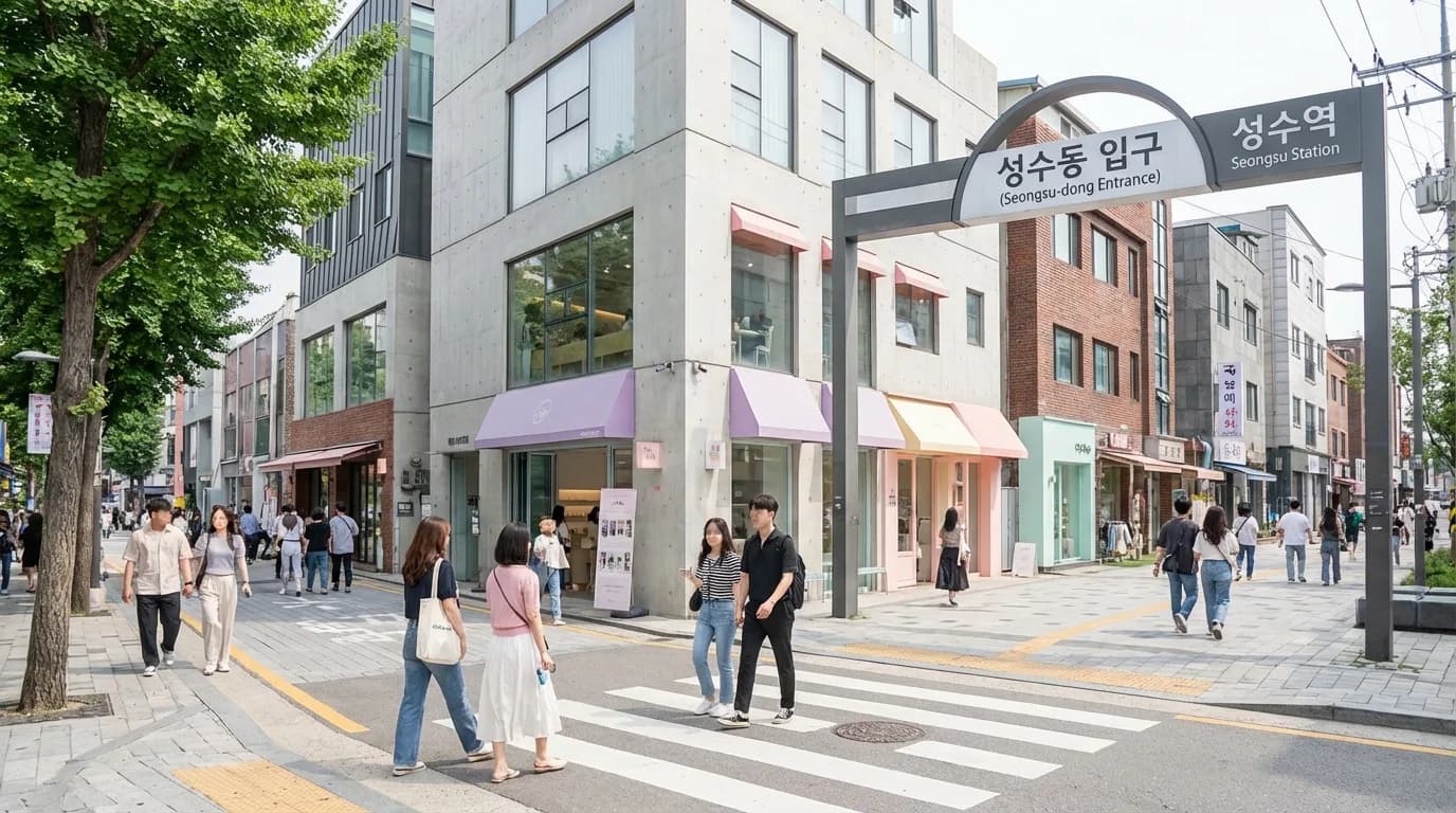 성수역 근처에서 성수동 메인 거리로 이어지는 입구 장면과 보행 흐름