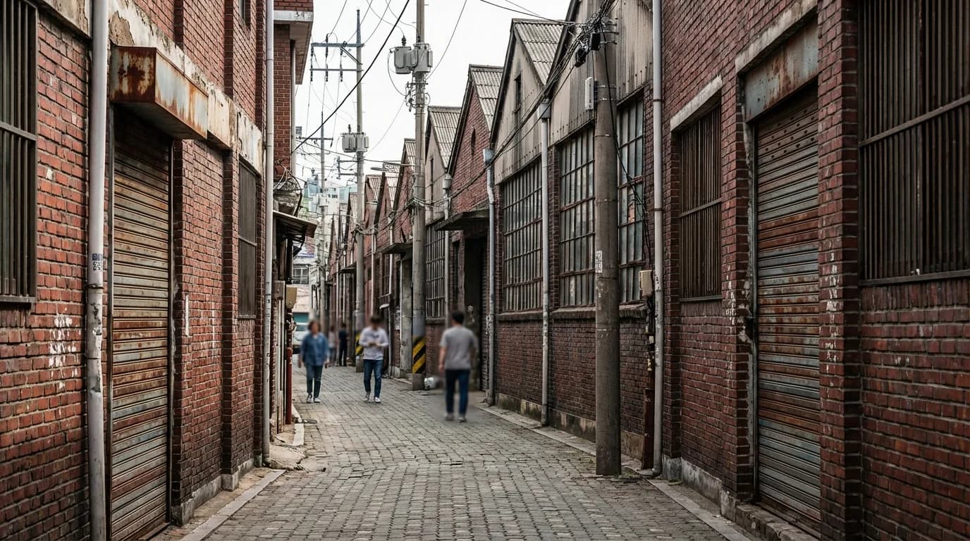 Seongsu industrial alleyway with red brick buildings and vintage factory atmosphere